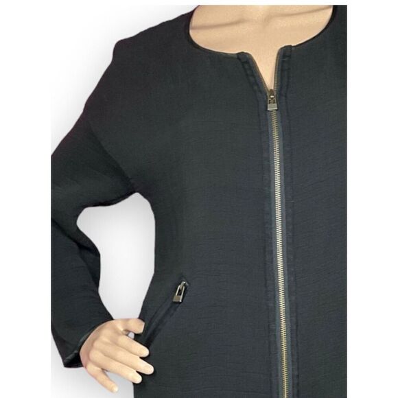 EILEEN FISHER Black Jacket Textured Silk Blend Zipper Lock Accent Pockets Small - Picture 1 of 5